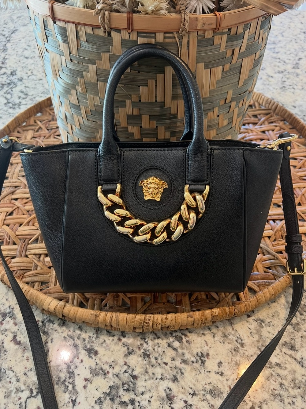 Versace Black Leather Medusa Tote Bag Gold Chain Handle Crossbody Small Purse